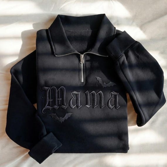 Embroidered Mama Halloween Quarter Zip Sweatshirt, Bat Sweatshirt, Spooky Mama Sweatshirt, Fall Sweatshirt