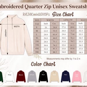 May include: A beige quarter zip sweatshirt displayed next to a size chart with measurements in inches and centimeters, and a color chart showing ten available shades including forest green, white, maroon, sport grey, black, sand, navy, pink, and ash.