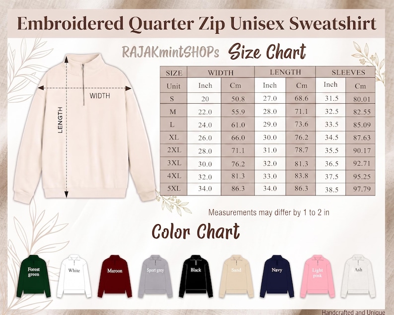 May include: A beige quarter zip sweatshirt displayed next to a size chart with measurements in inches and centimeters, and a color chart showing ten available shades including forest green, white, maroon, sport grey, black, sand, navy, pink, and ash.