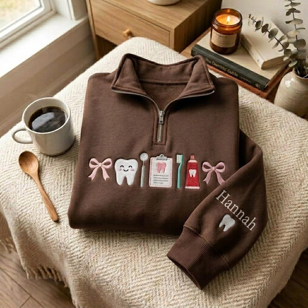 Embroidered Custom Dentist Quarter Zip Sweatshirt, Dental Sweatshirt, Dental Hygienist Crewneck, Tooth Sweatshirt