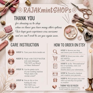 May include: A white informational card titled RAJAKmintSHOPS featuring care instructions and ordering steps. The card is surrounded by embroidery floss, thimbles, scissors, a small bowl with stones, and a lit candle in a brass holder.