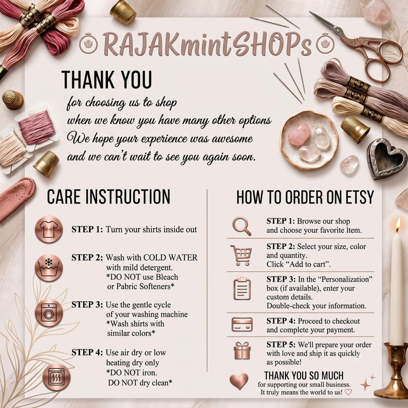 May include: A white informational card titled RAJAKmintSHOPS featuring care instructions and ordering steps. The card is surrounded by embroidery floss, thimbles, scissors, a small bowl with stones, and a lit candle in a brass holder.