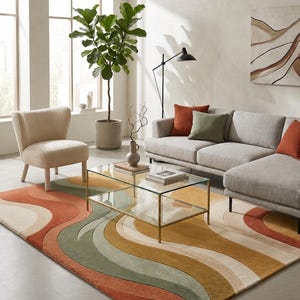 Modern Abstract Wave Rug, Terracotta Green Earth Tone Area Rug