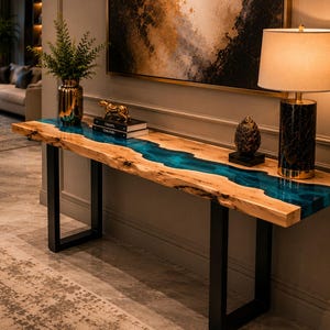 Luxury Blue River Epoxy Console Table | Handmade Live Edge Wood Hallway Table Blue River Epoxy Resin Console Table | Custom Solid Wood Entry