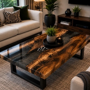 Può includere: Un tavolino rettangolare caratterizzato da una lastra di legno a bordo naturale con un fiume di resina scura e traslucida al centro. Il tavolo presenta una finitura lucida, gambe in metallo nero e un piccolo intarsio decorativo di triangoli bianchi.