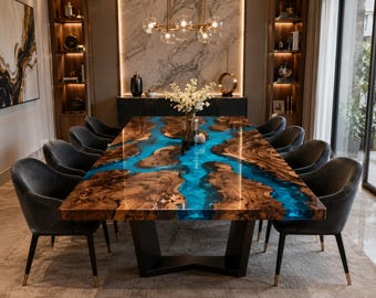 Handmade Blue River Wood Dining Table | Live Edge Epoxy Resin Table | Custom Luxury Dining Room Furniture Live Edge Blue Epoxy River Dining