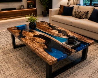 Acacia Wood Blue Epoxy Resin Table Top, Live Edge Handmade River Dining Table Top, Custom Solid Wood Furniture Handmade Acacia Wood Blue