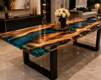 Handmade Rectangular Wood Epoxy Resin Table Top, Live Edge River Dining Table, Custom Solid Wood Furniture Custom Rectangular Epoxy River