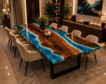 Handmade Live Edge River Dining Table, Solid Wood Epoxy Resin Table, Custom Rustic Modern Dining Furniture Custom Live Edge River Dining