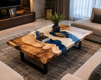 Acacia Wood Blue Epoxy Resin River Table Top, Live Edge Handmade Dining Table Top, Custom Solid Wood Slab Furniture Live Edge Acacia Wood