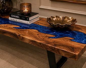 Blue Epoxy Resin Console Table Top, Handmade Live Edge Wood Console Table, Custom Entryway Table Top, Luxury Modern Furniture Decor