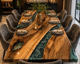 Live Edge Walnut Epoxy River Dining Table with Luxury Interiors - Rustic Modern Furniture Decor