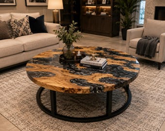 Handmade Live Edge Wood River Round Coffee Table | Epoxy Resin Center Table | Custom Living Room Furniture Live Edge Round Wood River Coffee