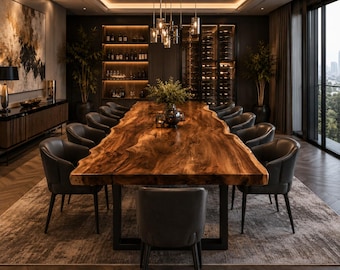 Solid Walnut Live Edge Dining Table – Handmade Natural Wood Dining Table, Custom Rustic Modern Dining Room Table, Luxury Live Edge Walnut Fu