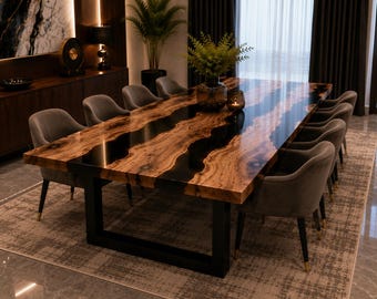 Custom Walnut Epoxy Dining Table, Live Edge River Resin Table, Handmade Solid Wood Dining Furniture, Luxury Kitchen Table Handmade Custom