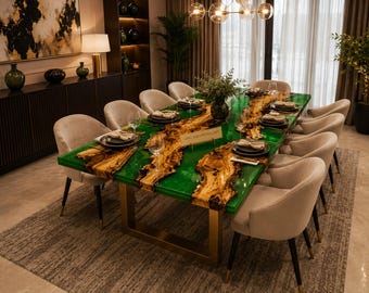 Green Epoxy Resin River Dining Table | Live Edge Wood Table | Handmade Custom Luxury Dining Furniture Handmade Green Epoxy River Dining