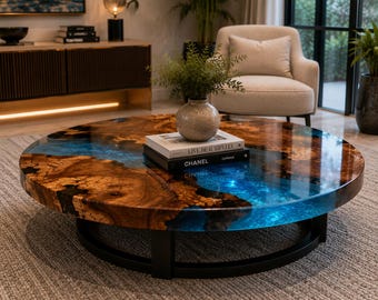 Custom Blue River Resin Table Top | Live Edge Wood Epoxy Dining Table | Handmade Luxury Furniture Blue Epoxy River Table Top | Custom Live