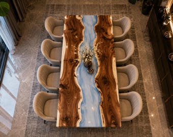 Handmade Walnut River Epoxy Dining Table | Live Edge Resin Wood Table | Custom Luxury Dining Furniture Live Edge Walnut Epoxy River Dining