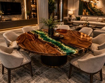 Handmade Green Epoxy River Walnut Coffee Table | Live Edge Wood Resin Table | Custom Modern Living Room Furniture Live Edge Walnut Green