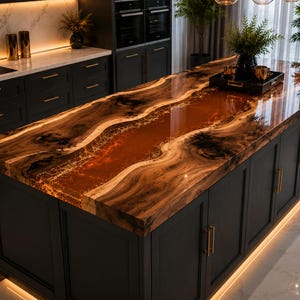 Handmade Walnut Live Edge Epoxy Resin River Kitchen Countertop, Custom Wood Resin Kitchen Island Top, Luxury Modern Counter Decor