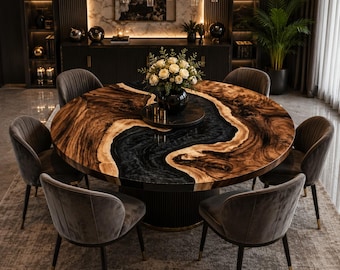 Round Live Edge Walnut Epoxy River Dining Table, Handmade Resin Wood Table, Luxury Modern Dining Room Furniture, Custom Table