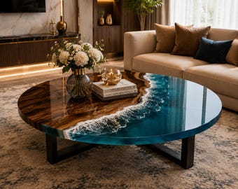Mesa de recibidor de resina y madera de acacia con diseño de olas costeras – Mesa consola de epoxi hecha a mano, mesa de entrada con borde natural, mesa de lujo personalizada inspirada en la playa.