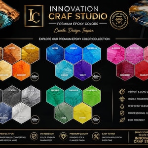 May include: Innovation Craf Studio epoxy color chart featuring a wide array of hexagonal pigment samples in metallic, blue, pink, grey, green, and yellow tones. The display includes text labels for each color, brand branding, and icons highlighting product features like vibrant, highly pigmented, and professional grade quality.