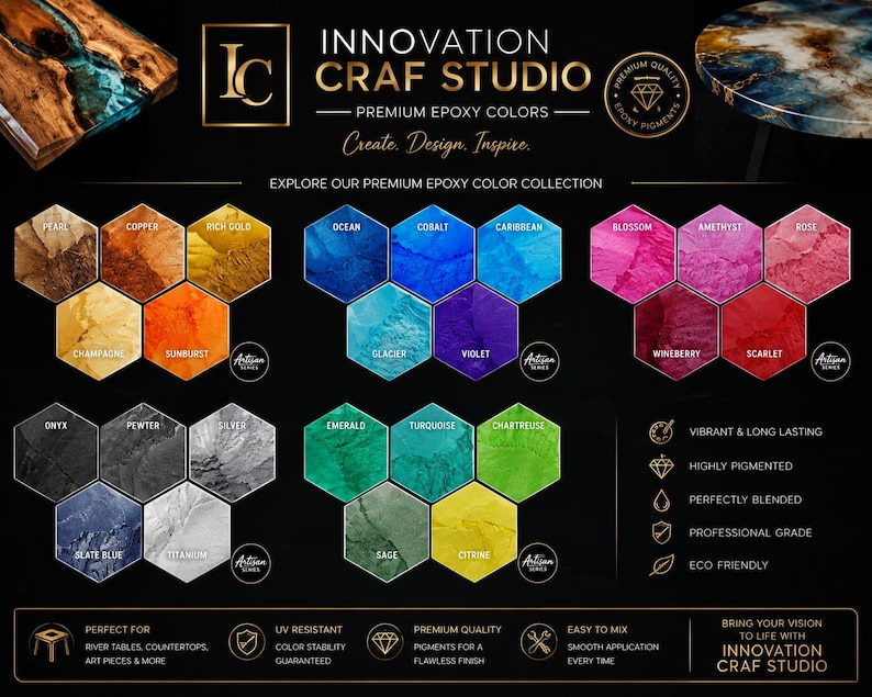 May include: Innovation Craf Studio epoxy color chart featuring a wide array of hexagonal pigment samples in metallic, blue, pink, grey, green, and yellow tones. The display includes text labels for each color, brand branding, and icons highlighting product features like vibrant, highly pigmented, and professional grade quality.