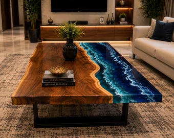 Acacia Wood Ocean River Table Top, Live Edge Epoxy Resin Dining Table Top, Handmade Custom Wood Slab Furniture Live Edge Acacia Wood Ocean
