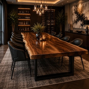 May include: A long dining table with a natural live edge wood slab top and a dark brown finish, supported by a black metal frame. The table is surrounded by ten black upholstered armchairs and features a centerpiece with a vase and candles.