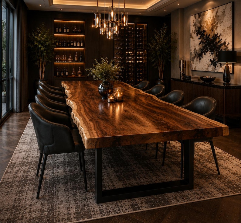 May include: A long dining table with a natural live edge wood slab top and a dark brown finish, supported by a black metal frame. The table is surrounded by ten black upholstered armchairs and features a centerpiece with a vase and candles.