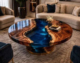 Round Epoxy River Table Top | Handmade Live Edge Wood Resin Table Top | Custom Dining & Coffee Table Handmade Round River Epoxy Table Top