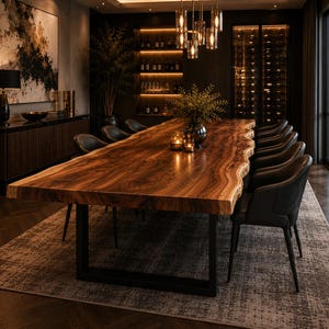 May include: A large dining table featuring a natural live edge wood slab top with a rich brown grain pattern, supported by a sturdy black metal U-shaped base. The table is surrounded by several black upholstered chairs with curved backrests.