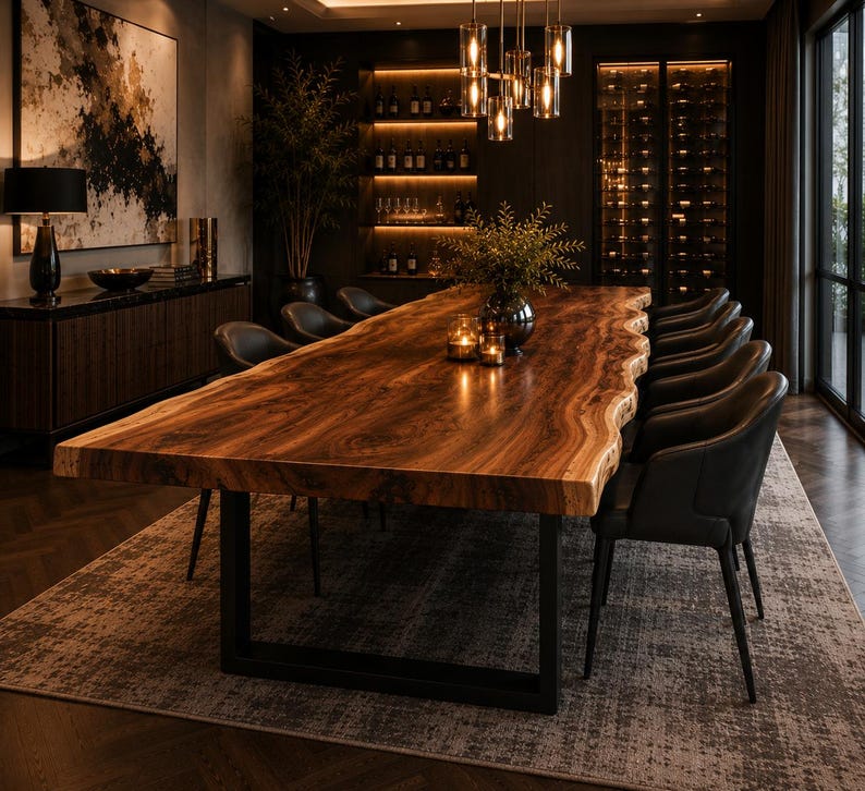 May include: A large dining table featuring a natural live edge wood slab top with a rich brown grain pattern, supported by a sturdy black metal U-shaped base. The table is surrounded by several black upholstered chairs with curved backrests.