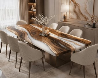 Handmade White Epoxy Walnut Wood Dining Table | Live Edge Resin River Table | Custom Luxury Kitchen & Dining Table Live Edge Walnut Wood