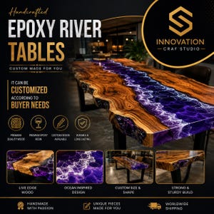May include: A rectangular dining table featuring a natural live edge wood slab with a central purple epoxy resin river design. The table has black metal legs and displays text including Handcrafted Epoxy River Tables and Innovation Craf Studio.