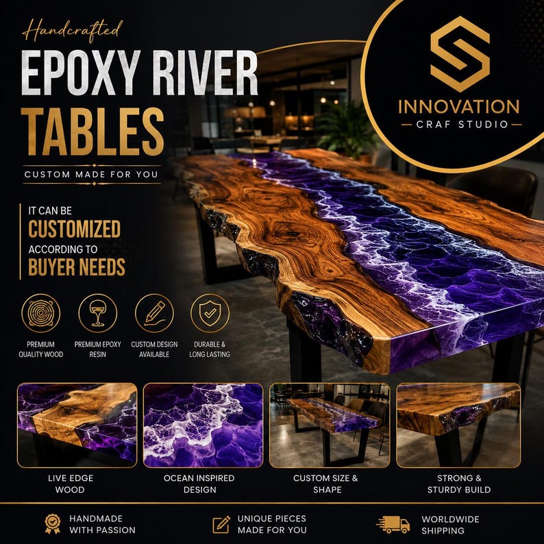 May include: A rectangular dining table featuring a natural live edge wood slab with a central purple epoxy resin river design. The table has black metal legs and displays text including Handcrafted Epoxy River Tables and Innovation Craf Studio.