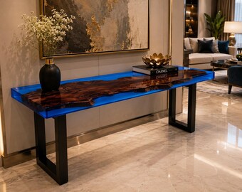 Handmade Blue Epoxy Resin Live Edge Console Table, Solid Wood River Entryway Table, Modern Hallway Furniture Live Edge Blue Epoxy Resin