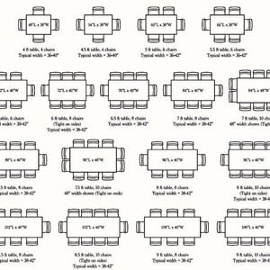 May include: A black and white diagram illustrating various rectangular dining table sizes ranging from 48 inches to 108 inches in length, paired with different chair configurations. Each layout includes specific dimensions and typical width measurements.