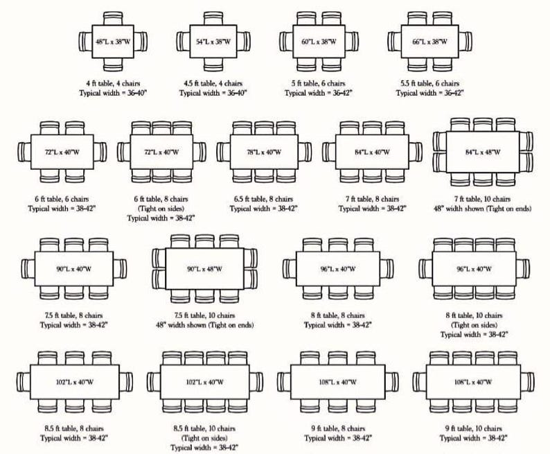 May include: A black and white diagram illustrating various rectangular dining table sizes ranging from 48 inches to 108 inches in length, paired with different chair configurations. Each layout includes specific dimensions and typical width measurements.