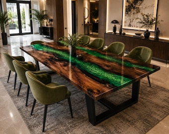 Live Edge Walnut Green Epoxy Resin Dining Table | Handmade River Table | Custom Luxury Wood Dining Furniture Handmade Green Epoxy Walnut