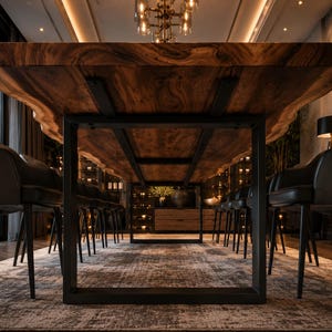 May include: A large dining table featuring a thick, natural-edge wooden slab top with prominent grain patterns, supported by a sturdy, rectangular black metal frame base. The table is surrounded by several black chairs with metal legs.
