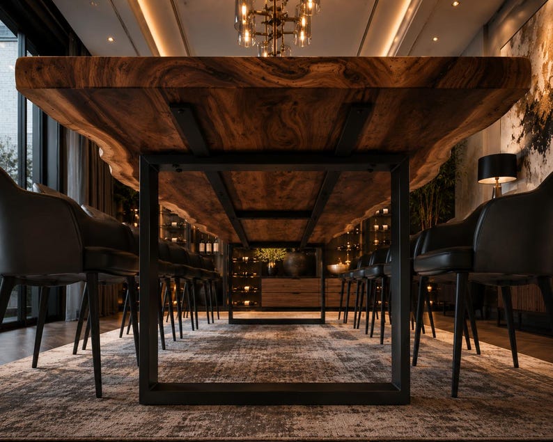 May include: A large dining table featuring a thick, natural-edge wooden slab top with prominent grain patterns, supported by a sturdy, rectangular black metal frame base. The table is surrounded by several black chairs with metal legs.