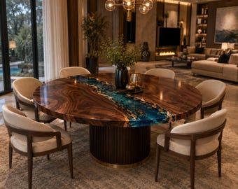 Blue River Stone Resin Coffee Table | Handmade Live Edge Wood Epoxy Table | Custom Luxury Center Table Handmade Blue River Stone Epoxy Coffe