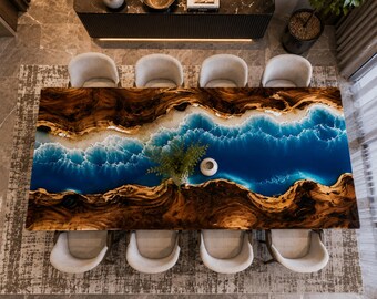 Ocean Wave Epoxy Resin Dining Table | Live Edge Wood River Table | Handmade Coastal Dining Table | Custom Luxury Furniture Handmade Ocean