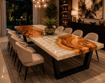 White Epoxy Olive Wood Dining Table | Live Edge Resin River Table | Handmade Custom Luxury Furniture Handmade White Epoxy Olive Wood Dining