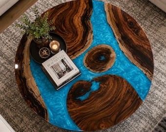 Custom Round Epoxy Resin Coffee Table | Handmade Live Edge Wood River Table | Modern Living Room Furniture Handmade Round Epoxy Resin Coffee