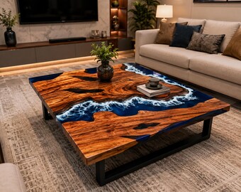 Handmade Acacia Wood & Blue Epoxy Resin Table Top, Live Edge River Dining Table Top, Custom Solid Wood Furniture Handcrafted Acacia Wood