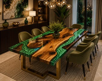 Green Resin Acacia Wood Dining Table | Live Edge Epoxy River Table | Handmade Custom Luxury Furniture Handmade Acacia Wood Green Resin Dinin