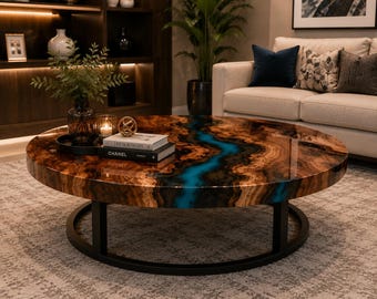 Live Edge Walnut Epoxy Round River Table Top | Handmade Resin Wood Table Top | Custom Dining & Coffee Table Handmade Live Edge Walnut Round